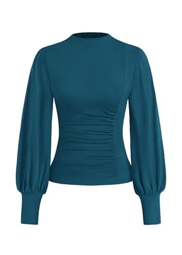 KIRUNDO Blouses for Women Dressy Casual 2026 Fall Ruched Puff Long Sleeve Shirts Mock Neck Underscrub Fitted Trendy Tops (Lake Blue, Large) - Image 1