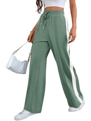 Bellcoco Baggy Wide Leg Sweatpants for Women Stretch Waist Loose Fitting Long Pants Seams Track Pants with Pockets Green M - Image 1
