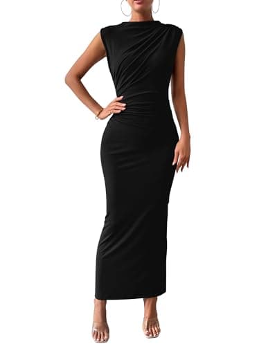 BTFBM Women Ruched Bodycon Maxi Dresses Summer Casual Sleeveless Lightweight Slit Elegant Cocktail Wedding Guest Dress(Black, Medium) - Image 1