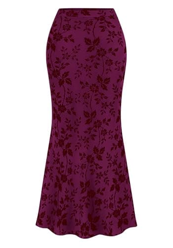 BTFBM Womens Floral Mesh Maxi Skirt 2026 Spring Summer Elastic High Waisted Boho Elegant Mermaid Long Skirts for Women(Purple Red, Large) - Image 1