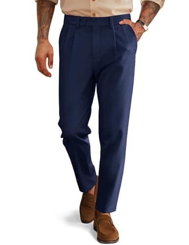 Mens Pleated Tapered Dress Pants Vintage Style Extended Waisted Slim Fit Trousers Casual Dress Trousers Dark Blue 2XL - Image 1