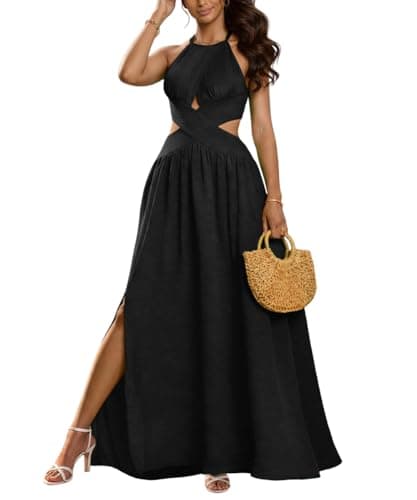 ABKY Women's Sexy Sleeveless Halter Neck Dress Criss Cross Tie Back Split Maxi Dresses Summer Beach Vacation Dress Black L - Image 1