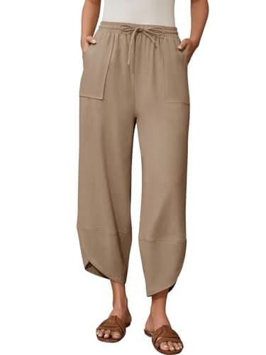 grewley Barrel Pants Women Harem Cotton Linen Pants Wide Leg Drawstring Elastic Waist Trousers with Pockets Beach Khaki M - Image 1