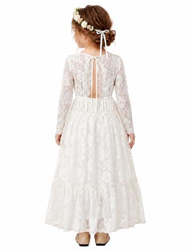 ALLOVIN Toddler & Girls Long Sleeve Lace Flower Girl Dress Maxi Boho A-Line Dress for Wedding Baptism 1st Communion | Ivory | 10-11Y - Image 1