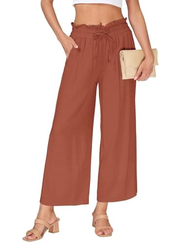 VUTRU Women Pants Casual Wide Leg Summer Slacks Tall Petite Plus Size Flowy Loose Travel Lounge Linen Trousers with Pockets, Rust Red XL - Image 1