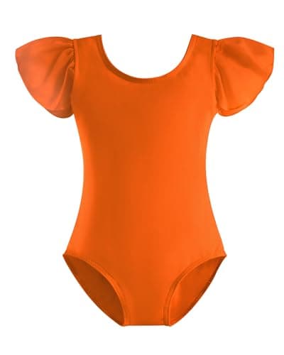 Stelle Girls Leotards Black Ballet Dance Leotards Ruffle Short Sleeve Gymnastics Outfits(Toddler/Little Kid/Big Kid) (Orange,130) - Image 1