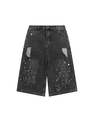 Aelfric Eden Rhinestone Baggy Jorts Women Men Baggy Denim Shorts Y2K Streetwear Summer Trendy Loose Fit Short Jeans Black Medium - Image 1