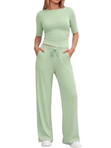 Casly Lamiit Two Piece Sets for Women Lounge Sets Summer Workout Sets Casual Active Wear Airport Travel Outfit Half Sleeve Wide Leg Pants Sweatsuit Green 2XL - Image 1