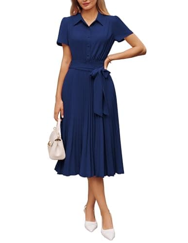 GRACE KARIN Women's 2026 Summer Midi Work Dress Short Sleeve Button Shirt Dresses A Line Pleated Belt Business Casual Dresses Navy Blue L - Image 1