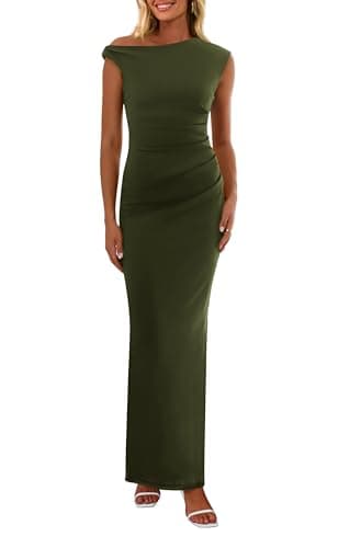 PRETTYGARDEN Women's 2025 Summer Formal Maxi Dresses Sleeveless One Shoulder Bodycon Ruched Mesh Wedding Guest Cocktail Dress (Army Green,Medium) - Image 1