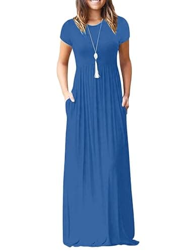 DEARCASE Maxi Dress for Women Royal Blue Small Crewneck Short Sleeve Sundresses Wedding Guest A-line Casual Loose Party Vintage Spring Summer Vacation Flowy Beach Long Dresses with Pockets - Image 1