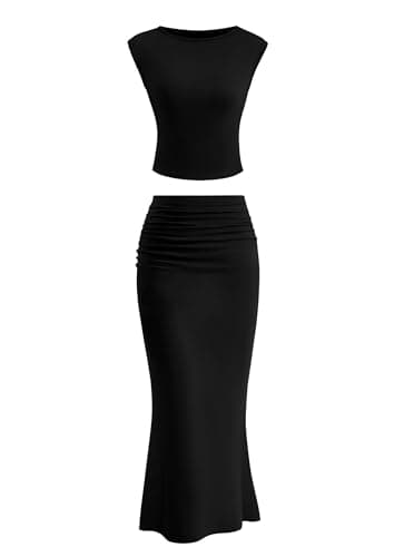 PRETTYGARDEN Skirt Sets Women 2 Piece Outfits Summer Outfits 2026 Going Out Crop Tops Long Maxi Skirts Beach Vacation Clothes(Black,Large) - Image 1