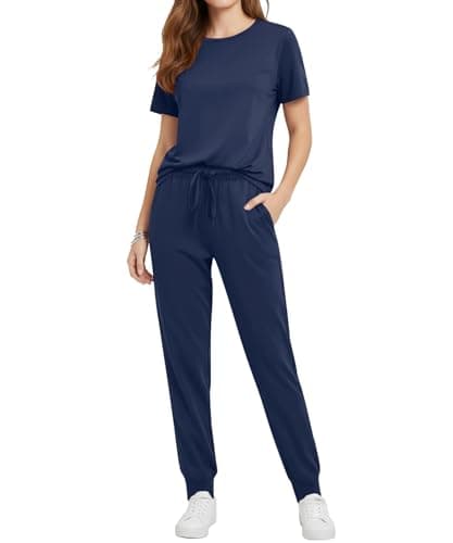 YSYOKOW Two Piece Sets for Women Summer Matching Lounge Set Short Sleeve Top Jogger Pants with Pockets Casual Outfits - Navy Blue, Large - Image 1