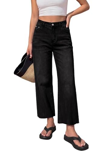 BTFBM Jeans for Women 2026 Summer High Waisted Button Straight Leg Stretchy Cropped Raw Hem Trendy Denim Pants Pockets(Black,4) - Image 1