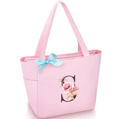 Vavabox Tote Bag, A-Z Initial Monogrammed Waterproof Tote Bag, Bridesmaid Gifts for Women, Black and Pink (S, Pink) - Image 1
