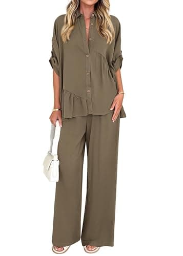 KIRUNDO Two Piece Sets for Women Spring Outfits 2026 Summer Fall Dressy Casual Button Down Shirt Wide Leg Pants Lounge Set(Army Green, XX-Large) - Image 1