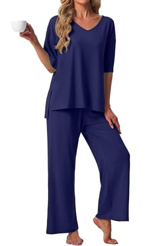 PrinStory Womens Pajama Sets Short Sleeve Pajamas Set 2 Piece Pjs Sets for Women Comfy Loungewear with Pockets Navy Blue-2XL - Image 1