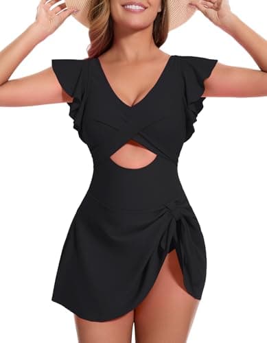 MFAVIP Women One Piece Swim Dress Tummy Control Swimsuits V Neck Ruffle Bathing Suit Cutout Sexy Wrap Side Tie with Skirt Black - Image 1