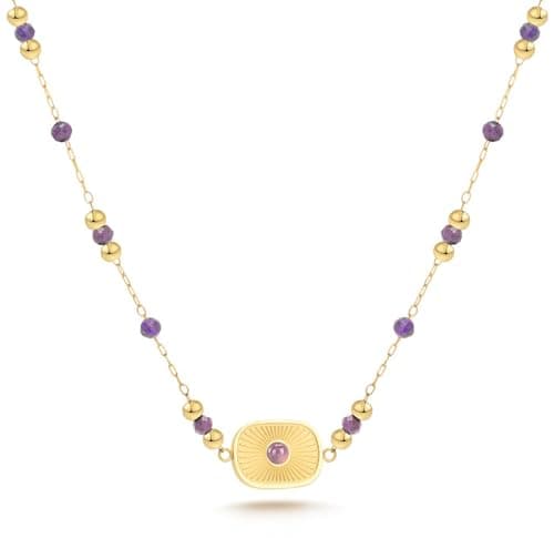 Milan Chiva Natural Gemstone Beaded Pendant Necklace for Women 14K Gold Plated Lightweight Adjustable Amethyst Jewelry MNS-1001PP - Image 1