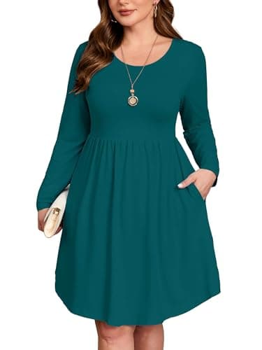 AusLook Women's Plus Size Long Sleeve Midi Dress Crewneck Casual Empire Waist Loose Flowy Dresses A-Line Boho Party 2025 Fall Winter Long Indigo Blue 5X Dress Vacation Outfit with Pockets - Image 1