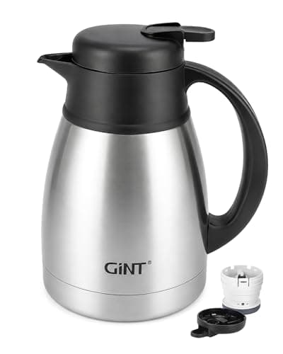 GiNT Insulated Coffee Carafe 34 Oz, Small Stainless Steel Flask for Hot Coffee with Fully Washable Detachable Lid, Portable Thermal Pitcher One-Hand Push Button Tea Dispenser for Travel Camping Office - Image 1