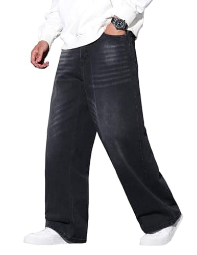 QGRSWBC Baggy Jeans Men Wide Leg Hip Hop Jeans Mid Rise Denim Pants Loose Fit Skater Trousers Black Grey XS - Image 1