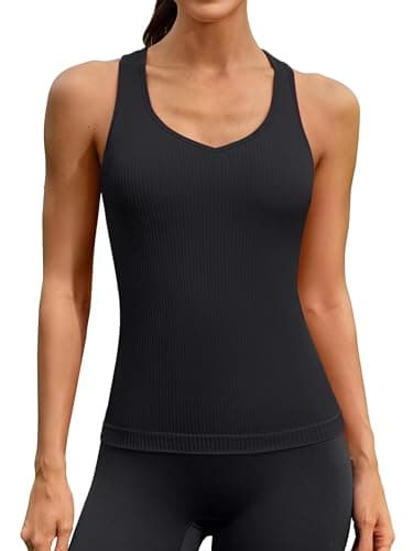 ATTRACO Ribflex Rib Tank Top Women Seamless Gym Top Tight Fit Workout Tank Sleeveless Exercise Top Black M - Image 1