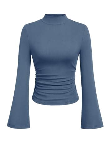 PRETTYGARDEN Womens Long Sleeve Shirts 2026 Fall Bell Sleeve Mock Turtleneck Ribbed Going Out Tops Casual Ruched Y2K Clothes (Grey Blue,Small) - Image 1
