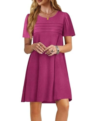 Imily Bela Womens Summer Casual T Shirt Dress Short Sleeve Crewneck Pleated Front Loose Beach Flowy Mini Dresses Fuchsia - Image 1