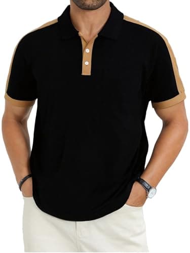 LuxMania Men's Casual Polo Shirts Short Sleeve Classic Button Shirt Fashion Cotton Golf Tops with Pocket Black L - Image 1
