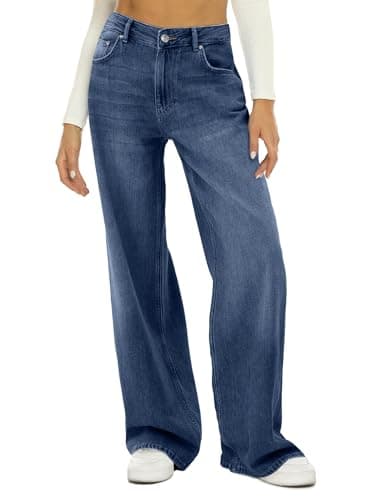 HDLTE Women's High Waist Baggy Boyfriend Jeans - Wide Leg Loose Denim Pants with Pockets(Dark Blue,Medium) - Image 1