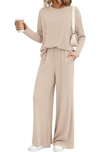 KIRUNDO Spring 2 Piece Lounge Sets for Women Long Sleeve Ribbed Knit Tops Wide Leg Pants Matching Travel Outfits Postpartum(Beige, X-Large) - Image 1