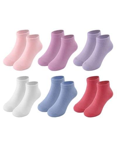 Fiveluck 6 Pack Girls Toddler Ankle Socks, Cotton Soft Low Cut Socks for Kids, Daily School Casual Wear, Multicolour, 9-12 Years