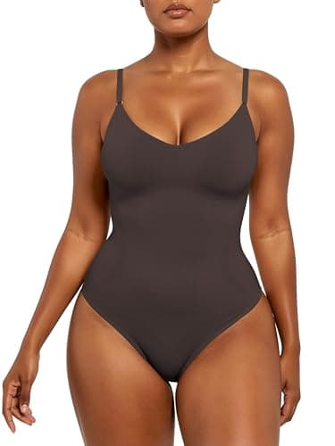 Xcutting Women's Seamless Shapewear Bodysuit Tummy Control Body Shaper - V-Neck Cami with Thong Brief Comfortable Fit for All-Day Wear Waist Shaping Jumpsuit Shaping (Chocolate Brown Thong, Small) - Image 1