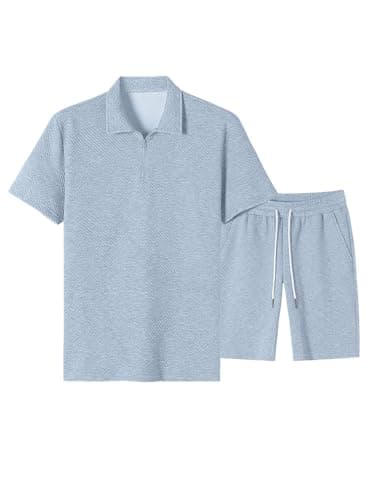 JMIERR Men's Jacquard Knit Lounge Sets Short Sleeve Polo Shirt and Shorts Matching Set Loungewear Sweatsuit with Pockets, 3X-Large, Beau Blue - Image 1