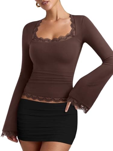 REORIA Womens Boho Square Neck Long Sleeve Tee Shirts Lace Trim Casual Slim Fitted 2026 Winter Fall Fashion Going Out Tops Brown - Image 1