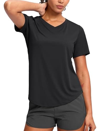 Womens Workout Shirts V-Neck Short Sleeve UPF 50+ Sun Shirt Moisture Wicking Dry Fit Top for Gym, Running, Athletic (Black, L) - Image 1
