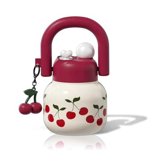 Sidagar 22 oz Tote Water Bottle with Straw and Carry Handle, Wide Mouth Vacuum Insulated Stainless Steel Tumbler, Travel Water Jug for Women Easy Carry, Cherry - Image 1