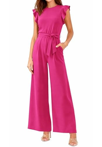 BTFBM Jumpsuits For Women 2026 Crew Neck Dressy Cap Sleeve Belted High Waist Wide Leg Romper One Piece Casual Outfits Pockets(Rose Red, Medium) - Image 1