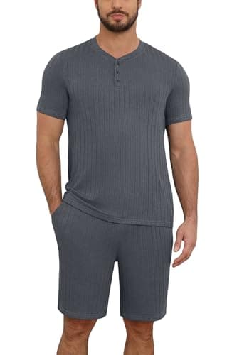 NITAGUT Men’s Summer Pajama Set Lightweight Loungewear Short Sleeve Henley Top & Sleep Shorts 2 Piece Stretch Lounge Set with Pockets,Dark Grey 2XL - Image 1
