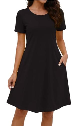 COSSEN Women's Summer 2026 Casual Tshirt Dress Black Small Crew Neck Short Sleeve with Pockets Flowy Loose Swing A-Line Sundress - Image 1