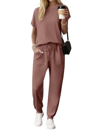 Ekouaer Lounge Sets for Women 2 Piece Outfits Workout Sets Cotton Sleeve Tops and Loose Casual Pants with Pockets Brown S - Image 1