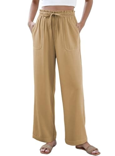 Dokotoo Pants for Women Spring Fashion 2026 Casual Elastic High Waisted Wide Leg Trousers for Women Dressy Business Dress Pants Womens Loose Tie Drawstring Jogging Jogger with Pockets Khaki Medium - Image 1