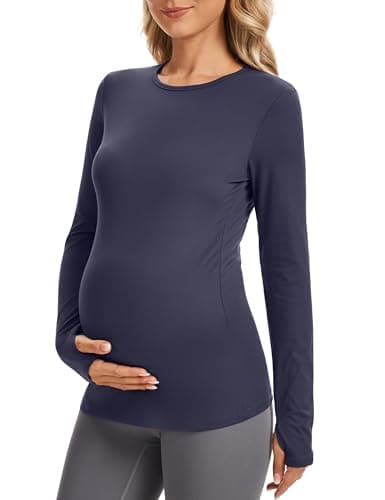 MathCat Maternity Long Sleeve Shirt with Thumbleholes,Pregnancy Casual Tops Athletic Yoga Maternity Shirts - Image 1