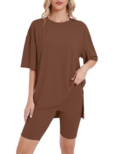 Heymoments 2 Piece Lounge Set for Women Mellow Brown XX-Large Oversized T-Shirt and Biker Shorts Pajama Set Soft Summer Pajamas Set Breathable Sleepwear Comfy Nightwear Womens Pjs Set - Image 1