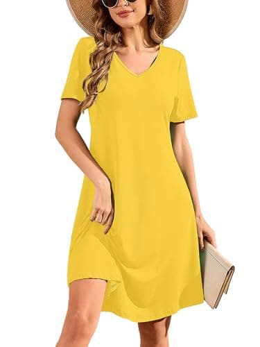 DEARCASE Summer Dresses for Women Bright Yellow Medium Short Sleeve V-Neck Casual Knee Length Wedding Guest T Shirt Dress Boho Flowy Swing Beach Vacation Party Comfy All-Day Mini Sundress - Image 1