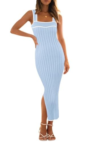MEROKEETY Womens Summer Striped Bodycon Midi Dress 2026 Beach Vacation Sleeveless Tank Ribbed Knit Baby Shower Sweater Dress, LightBlue, M - Image 1