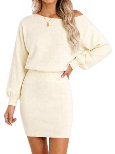 Wenrine Women Off the Shoulder Sweater Dress Long Sleeve Knit Mini Dresses - Image 1