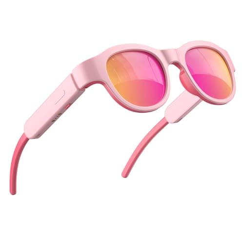 aiomoar Smart Bluetooth Sunglasses for Kids, Polarized UV Protection, Open Ear Audio, Hands-Free Calls (Pink)