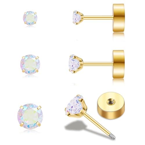 Handmade Tiny Flat Back Stud Earrings: 3 Pairs 14K Gold Plated Screw Flatback 2 3 4mm Cubic Zirconia Earrings Cartilage Piercing Jewelry for Women Helix Tragus Earlobe (3 Pairs-Rainbow CZ Stud-2/3/4mm) - Image 1